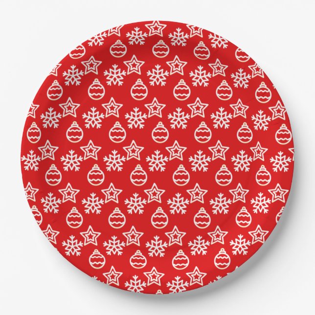 Elegant Christmas Pattern on Red Paper Plate (Front)