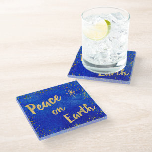 Elegant Christmas Peace On Earth Gold Stars  Glass Coaster
