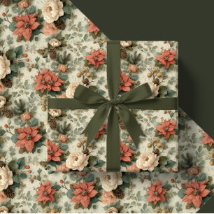 Elegant Christmas Peach and Cream Floral Gift Wrapping Paper