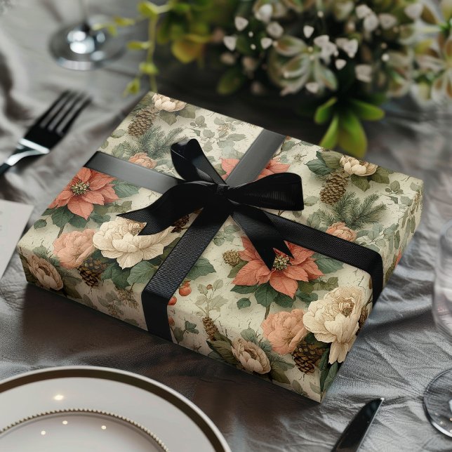 Elegant Christmas Peach and Cream Floral Gift Wrapping Paper Sheet (Creator Uploaded)