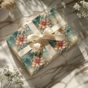 Elegant Christmas Peach and Sage Green Floral Wrapping Paper