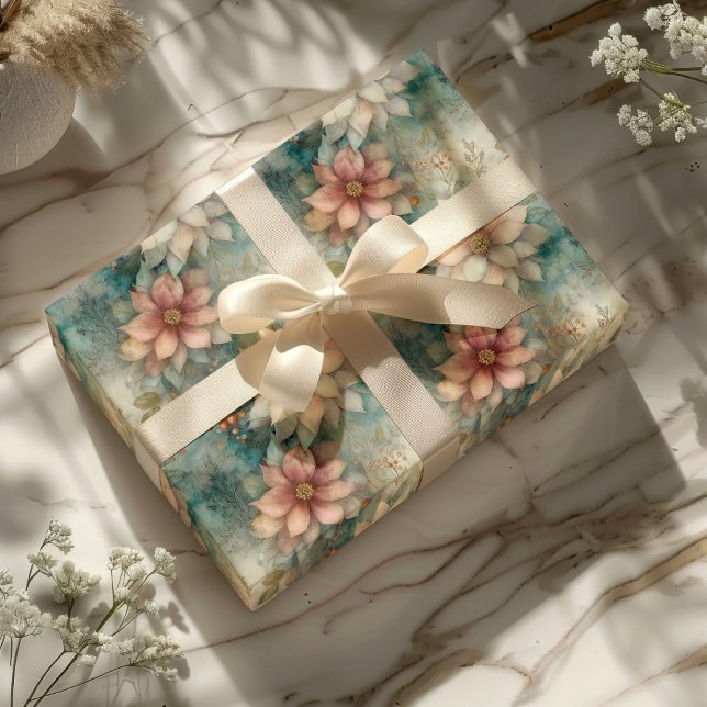Elegant Christmas Peach and Sage Green Floral  Wrapping Paper (Creator Uploaded)