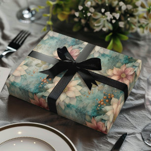 Elegant Christmas Peach and Sage Green Floral Wrapping Paper Sheet