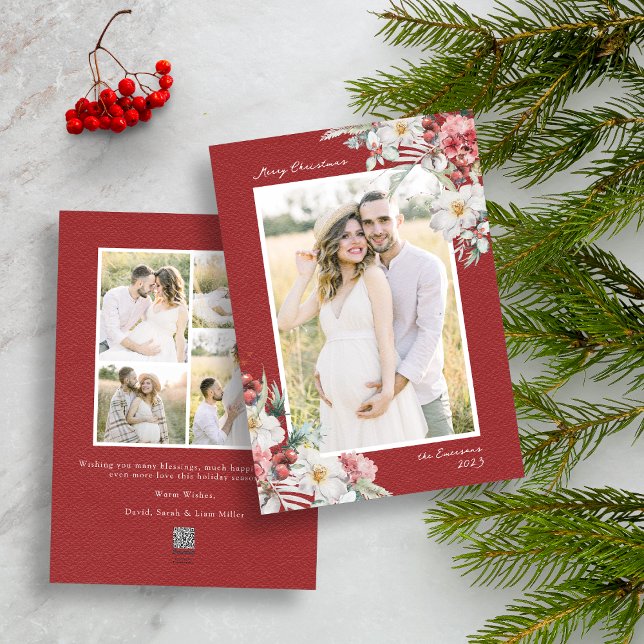 Elegant Christmas Photo Collage Holiday Card (Red Merry Christmas Photo Collage Holiday Card with Elegant Watercolor Botanical Florals Berries)