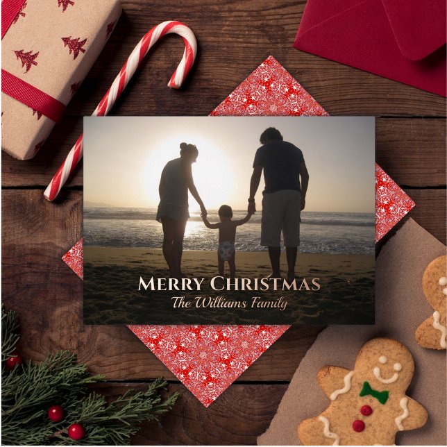 Elegant Christmas Photo Name Topography Gold Red Foil Holiday Card (Creator Uploaded)