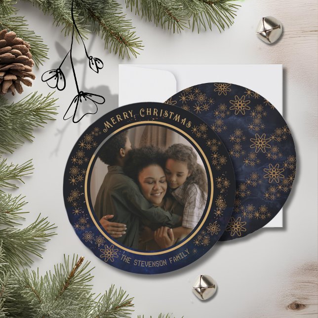 Elegant  Christmas Photo Navy Blue Stars Holiday Card (Elegant Christmas Photo Navy Blue Stars Holiday Card)