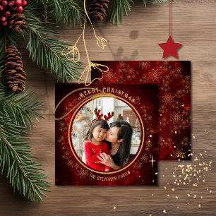 Elegant Christmas Photo Red Gold Stars Holiday Card