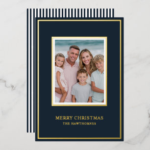 Elegant Christmas Photo Simple Dark Navy Gold    Foil Holiday Card