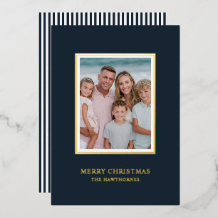 Elegant Christmas Photo Simple Dark Navy Gold Foil Holiday Card