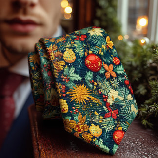 Elegant Christmas Pine and Poinsettia Botanical Tie