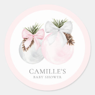 Elegant Christmas Pink Girl Baby Shower Classic Round Sticker