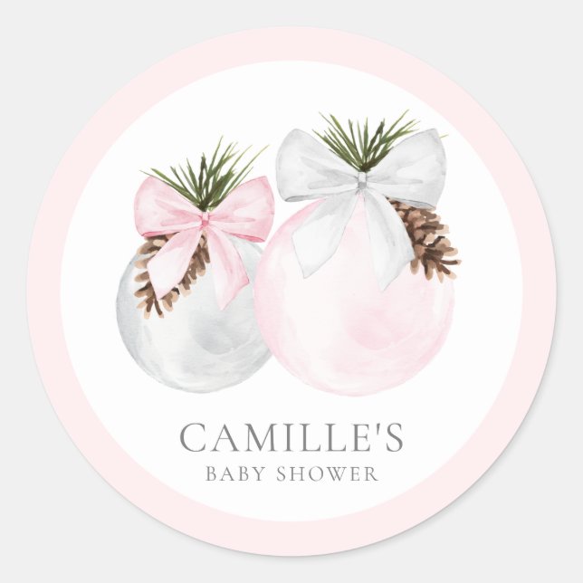 Elegant Christmas Pink Girl Baby Shower Classic Round Sticker (Front)
