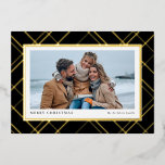 Elegant Christmas plaid black gold one photo Foil Holiday Card<br><div class="desc">Chic and stylish, this one-photo Christmas card is the perfect way to send holiday greetings to friends and family. Featuring a tradition festive holiday plaid in foil against a black background framing a single horizontal photo, this card also has two text spots can be customised with your own greeting like...</div>