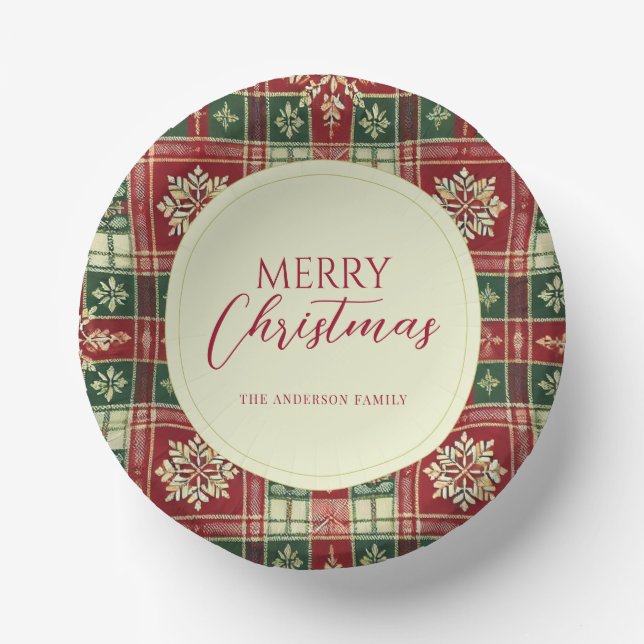Elegant Christmas Plaid Floral Snowflakes Rustic Paper Plate (Front)