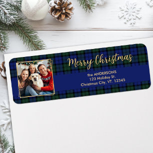 Elegant Christmas Plaid Gold Photo Return Address Label