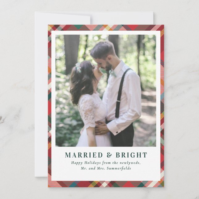 Elegant Christmas Plaid Married and Bright Photo Holiday Card (Front)