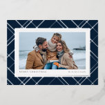 Elegant Christmas plaid navy blue one photo Foil Holiday Card<br><div class="desc">Chic and stylish, this one-photo Christmas card is the perfect way to send holiday greetings to friends and family. Featuring a tradition festive holiday plaid in foil against a navy blue background framing a single horizontal photo, this card also has two text spots can be customised with your own greeting...</div>