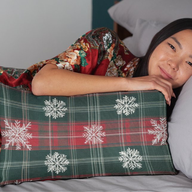 Elegant Christmas Plaid Red and Green Snowflakes Lumbar Cushion (Elegant Christmas Plaid Red and Green Snowflakes Lumbar Pillow)