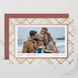 Elegant Christmas plaid rose gold one photo family Foil Holiday Card<br><div class="desc">Chic and stylish, this one-photo Christmas card is the perfect way to send holiday greetings to friends and family. Featuring a holiday plaid in rose gold foil against a vanilla background that frames a horizontal photo, this card also has two text spots can be customised with your own greeting like...</div>
