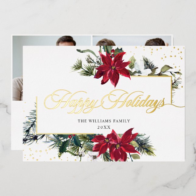 Elegant Christmas Poinsettia 2 Photo Gold Foil Holiday Card (Front/Back)