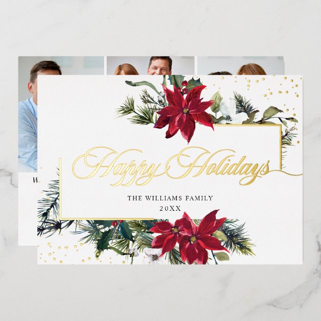 Elegant Christmas Poinsettia 3 Photo Gold Foil Holiday Card (Front/Back)