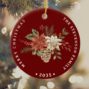Elegant Christmas Poinsettia Burgundy Ceramic Ornament