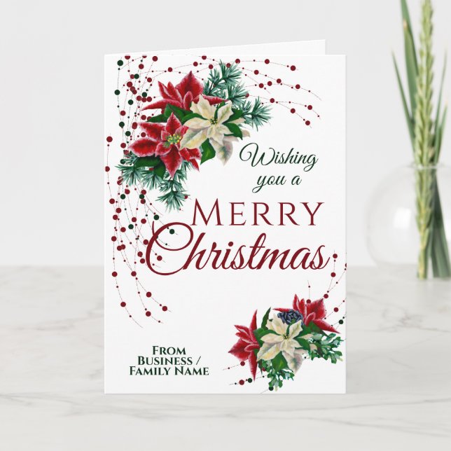 Elegant Christmas Poinsettia Floral Flower White Holiday Card (Front)