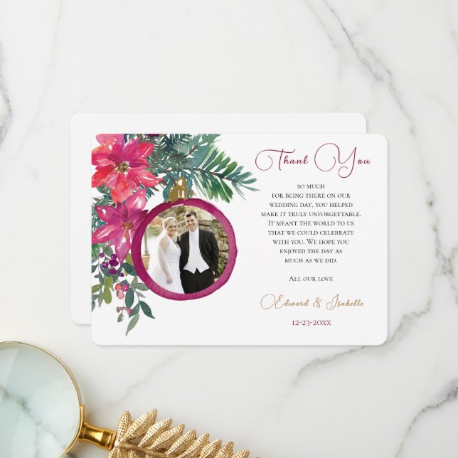 Elegant Christmas Poinsettia Floral Wedding Photo Thank You Card (Front/Back In Situ)