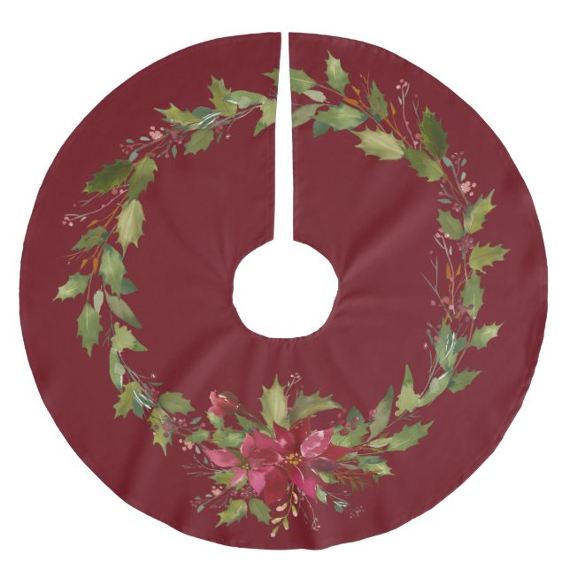 Elegant Christmas Poinsettia Holiday Wreath Brushed Polyester Tree Skirt (Front)