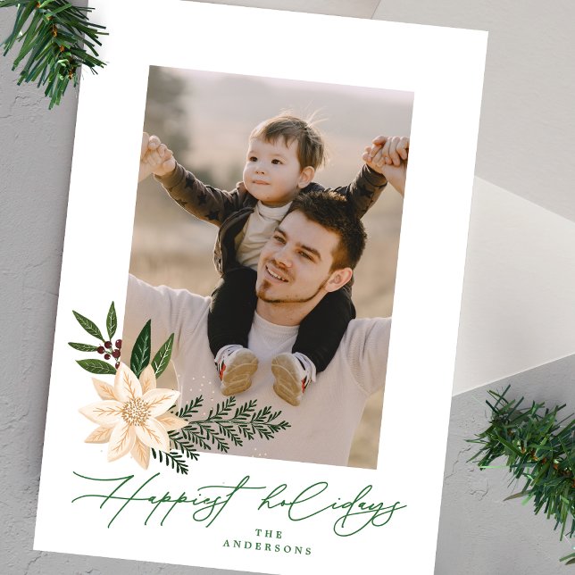 Elegant Christmas Poinsettia photo floral  Holiday Card (Creator Uploaded)