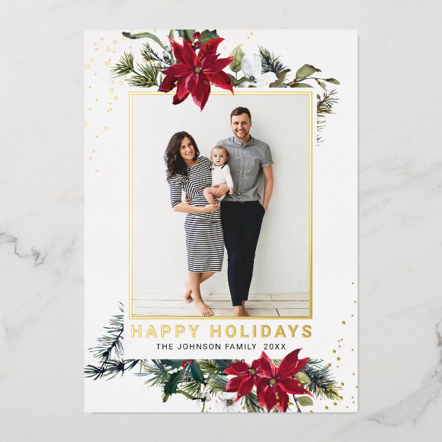 Elegant Christmas Poinsettia Photo Gold Foil Holiday Card (Front)