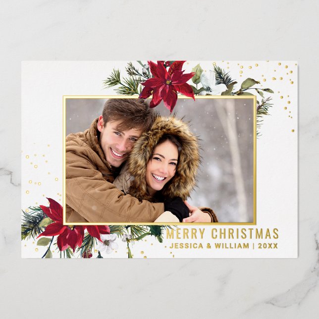 Elegant Christmas Poinsettia Photo Gold Foil Holiday Card (Front)
