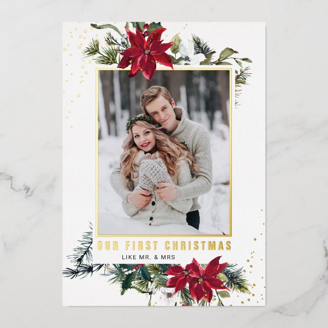 Elegant Christmas Poinsettia Photo Gold Foil Holiday Card (Front)