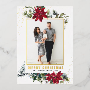 Elegant Christmas Poinsettia Photo Gold Foil Holiday Card