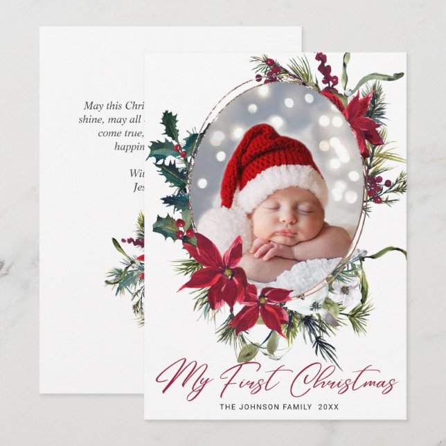 Elegant Christmas Poinsettia Photo Greeting Holiday Card (Front/Back)