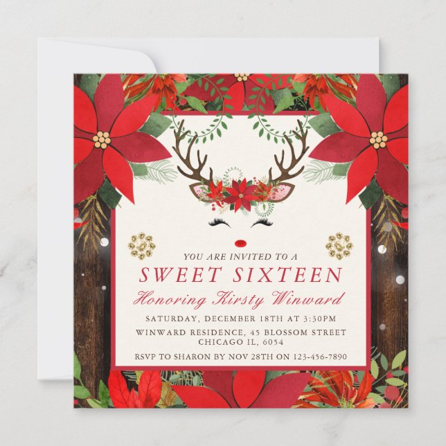 Elegant Christmas Poinsettia Reindeer Sweet 16 Invitation (Front)