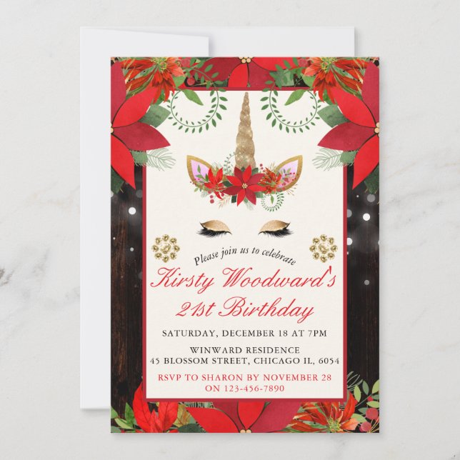 Elegant Christmas Poinsettia Unicorn Birthday Part Invitation (Front)