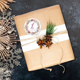 Elegant Christmas Poinsettia Wreath Monogram Classic Round Sticker