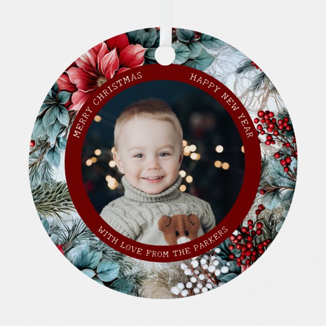 Elegant Christmas Poinsettias and Holly Photo Metal Tree Decoration (Front)