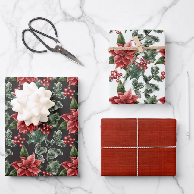 Elegant Christmas Poinsettias Variety Wrapping Paper Sheet (Front)