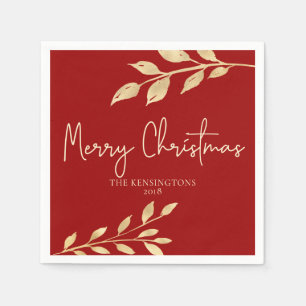 Elegant Christmas Red and Gold Leaves Napkin