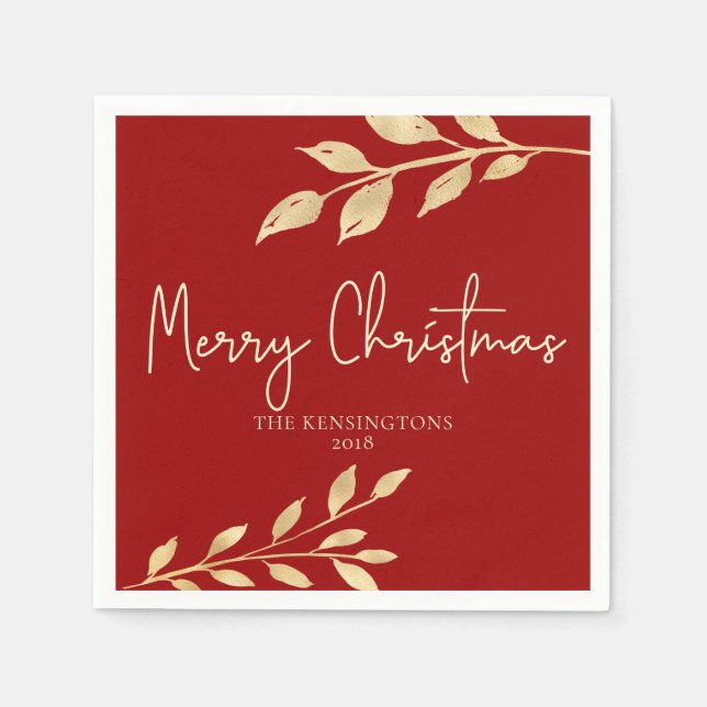 Elegant Christmas Red and Gold Leaves Napkin (Front)