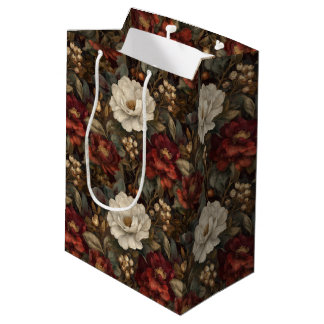 Elegant Christmas Red and Winter White Floral Medium Gift Bag