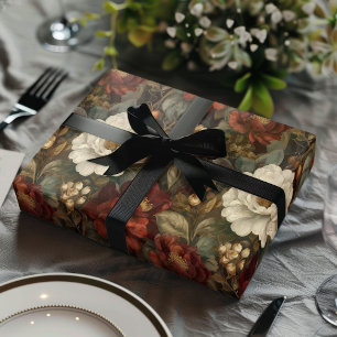 Elegant Christmas Red and Winter White Floral Wrapping Paper Sheet