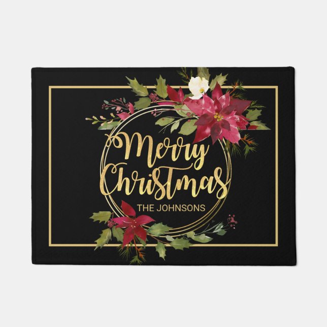 Elegant Christmas Red Black Poinsettia Floral Doormat (Front)