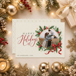Elegant Christmas Red Bow Wreath Photo Holiday Card