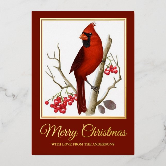 Elegant Christmas Red Cardinal Bird Foil Holiday Card (Front)