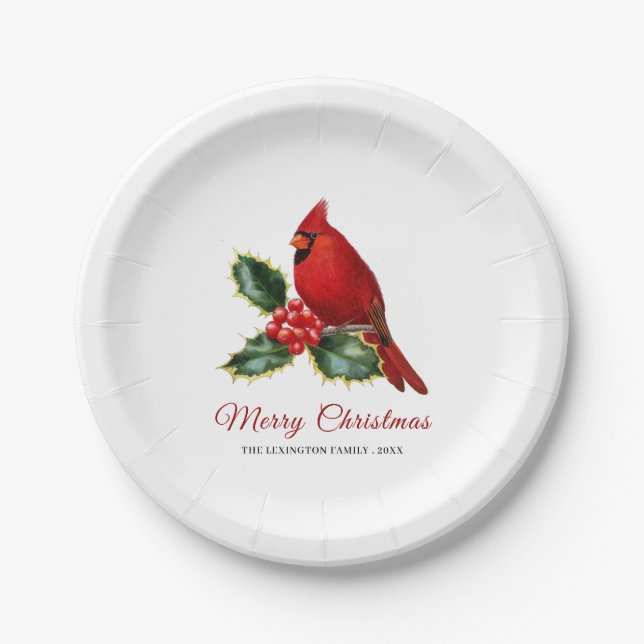 Elegant Christmas Red Cardinal Bird Holly Paper Plate (Front)
