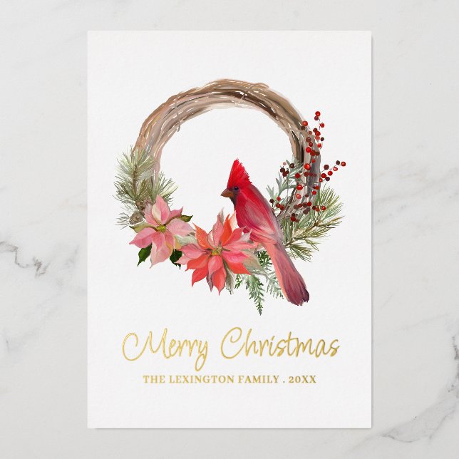 Elegant Christmas Red Cardinal Bird Monogram Foil Holiday Card (Front)
