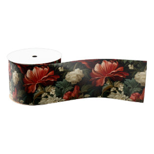 Elegant Christmas Red & Cream Vintage Floral Grosgrain Ribbon